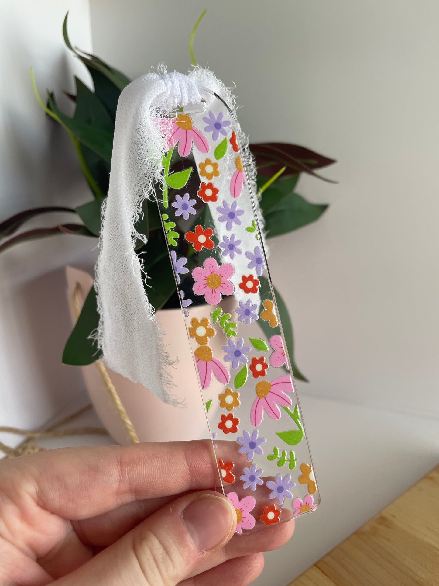 Spring Florals Clear Acrylic Bookmark with Chiffon Ribbon