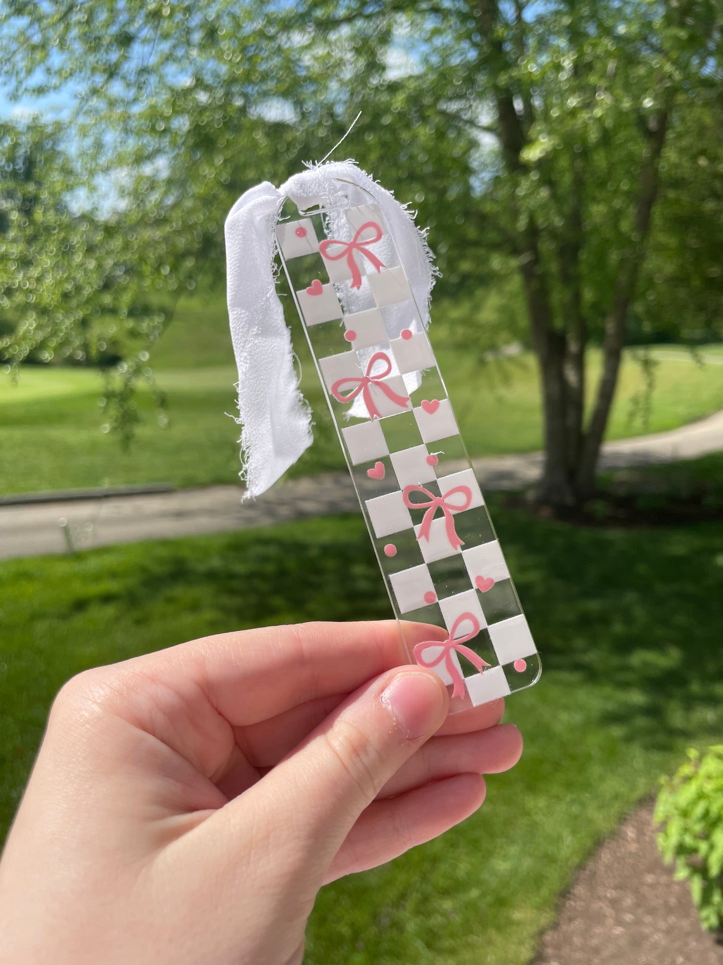 Light Pink Pretty Checkered Bows Girly Clear Acrylic Bookmark with Chiffon Ribbon