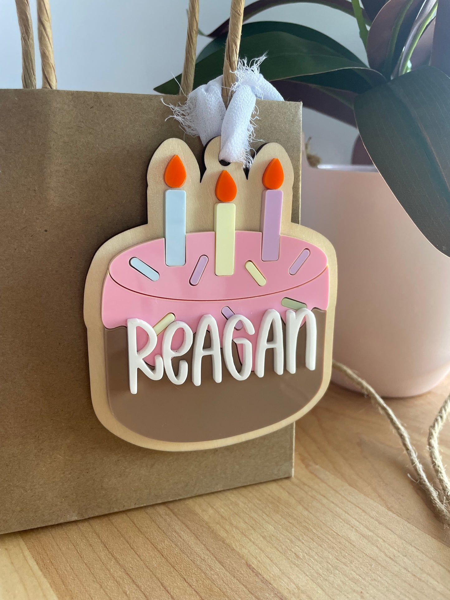 Birthday Cake Acrylic Gift Tag with Chiffon Ribbon