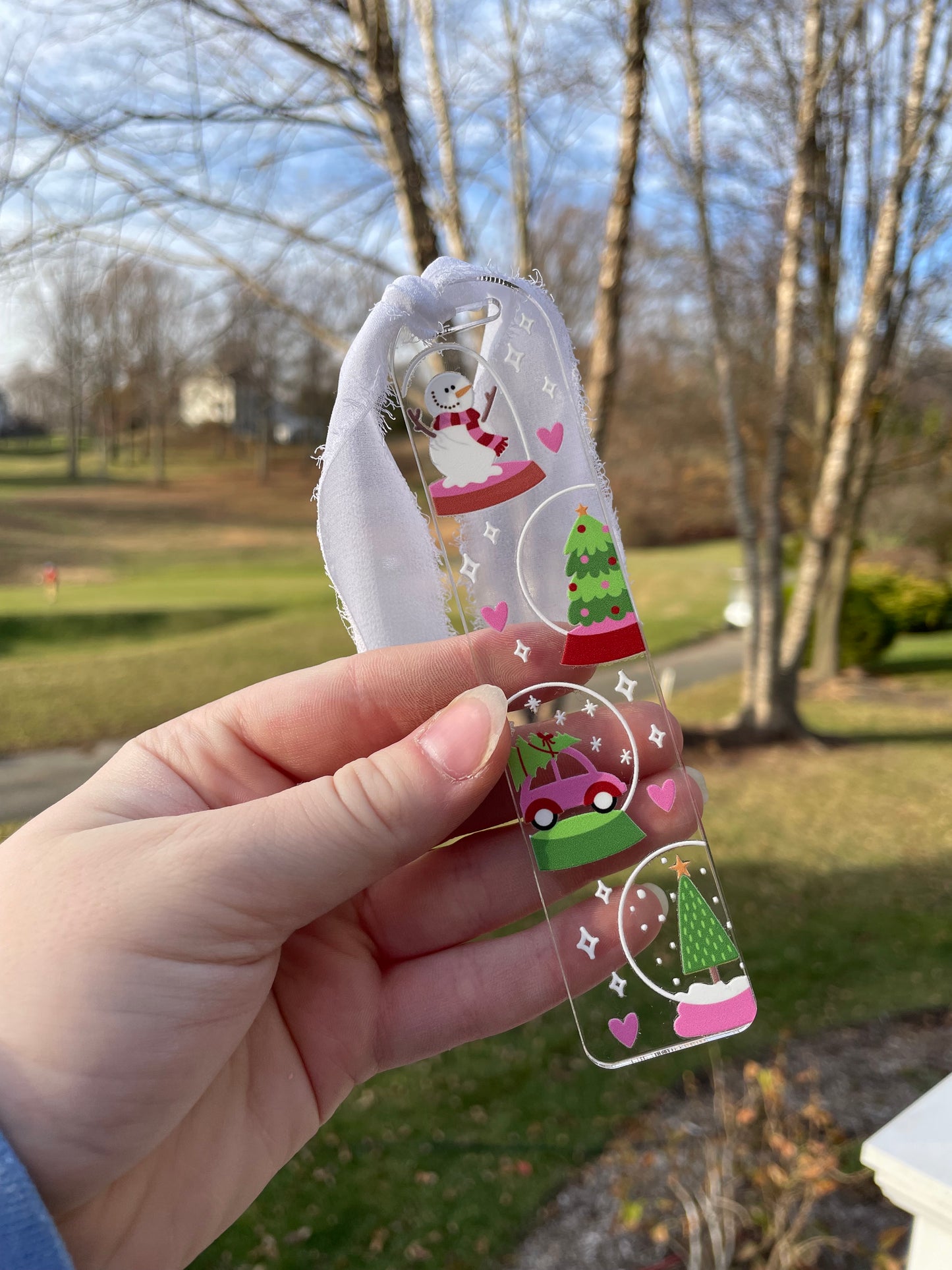 Festive Snowglobes Winter Clear Acrylic Bookmark with Chiffon Ribbon