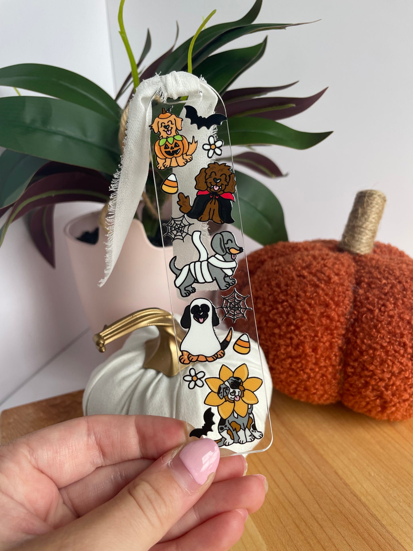 Halloween Costume Dogs Clear Acrylic Bookmark with Chiffon Ribbon
