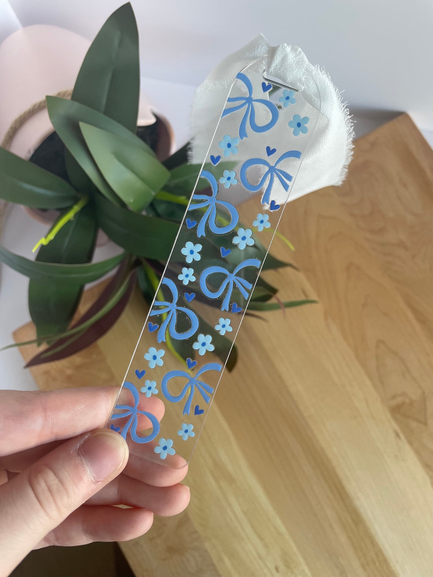 Pretty Blue Bows Clear Acrylic Bookmark with Chiffon Ribbon