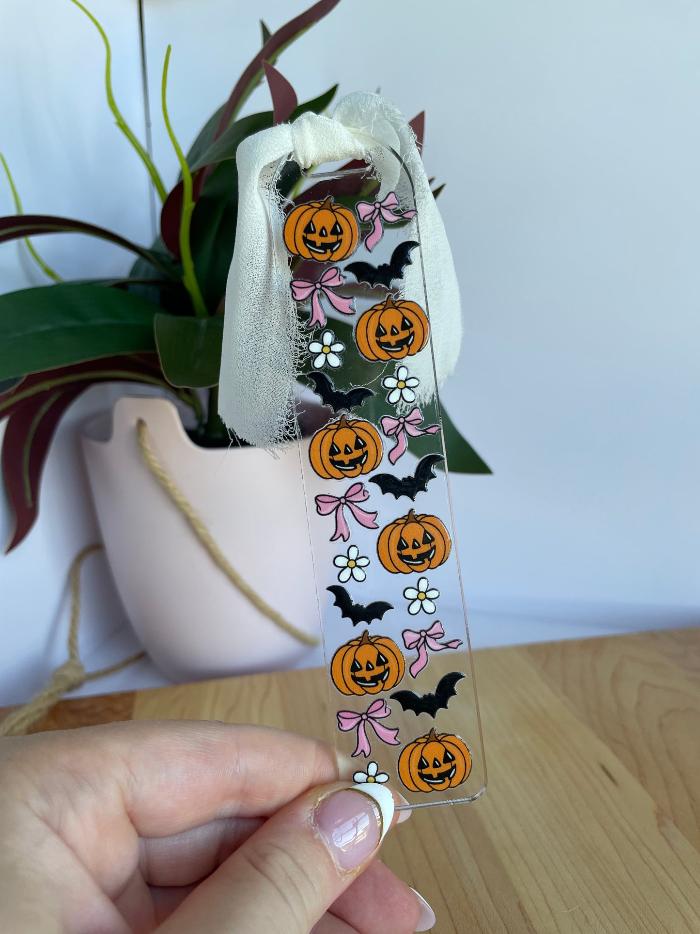 Pumpkins, Bows, and Bats Clear Acrylic bookmark with Chiffon Ribbon