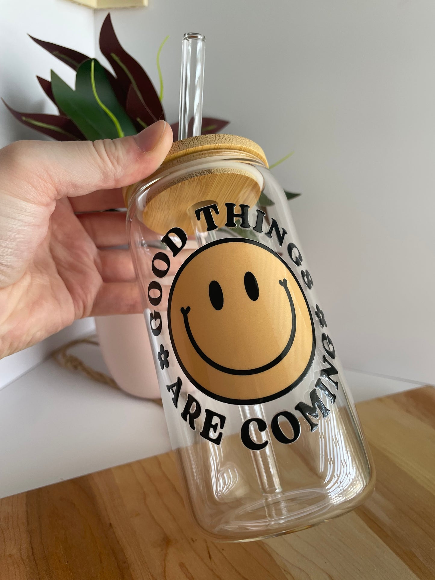 Good Things Are Coming Smiley Face Glass Cup with Bamboo Lid and Glass Straw