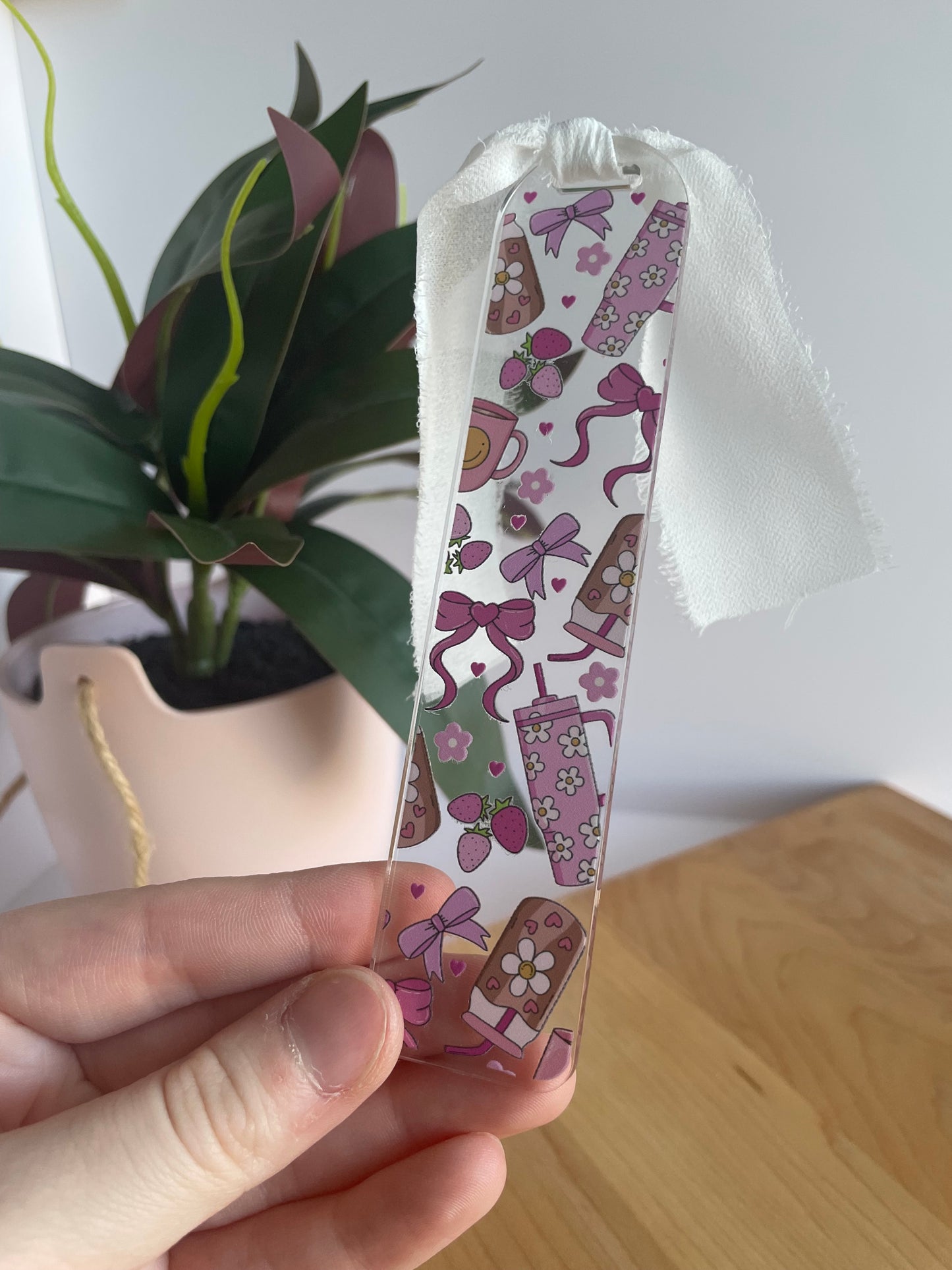 Pink Groovy Girl Clear Acrylic Bookmark with Chiffon Ribbon