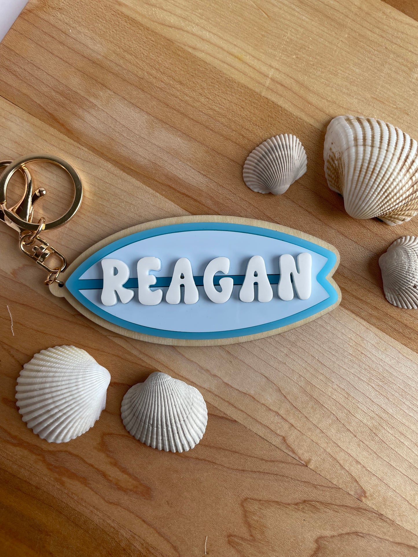 Custom Colorful Surfboard Keychain with Gold Features