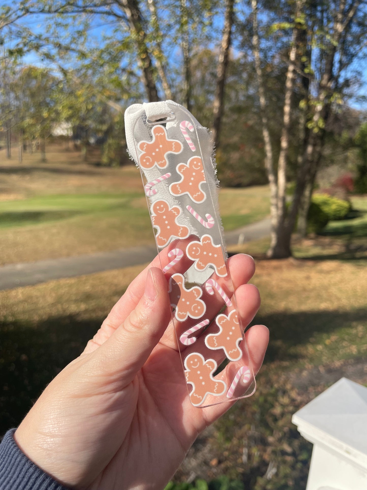 Gingerbread Cookies and Pink Candy Canes Clear Acrylic Bookmark with Chiffon Ribbon