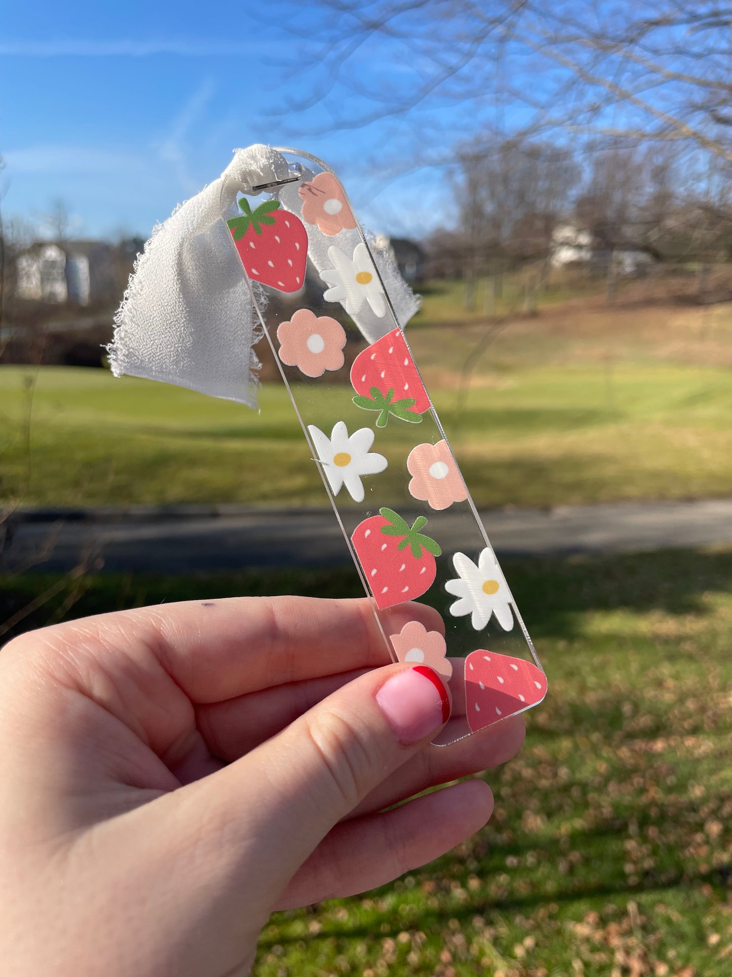 Strawberries and Daises Clear Acrylic Bookmark with Chiffon Ribbon