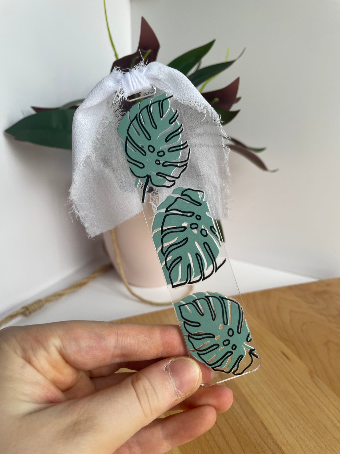 Monstera Leaves Clear Acrylic Bookmark with Chiffon Ribbon