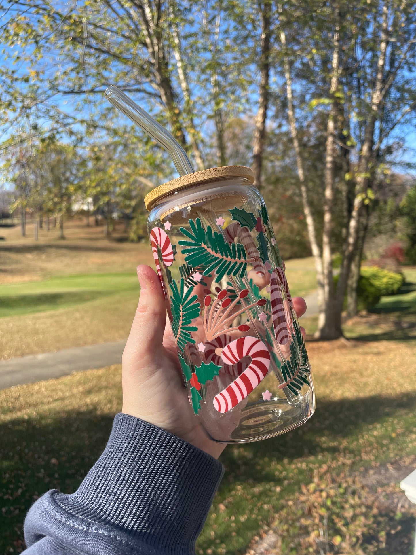 Candy Canes and Greenery Holiday Glass Cup with Bamboo Lid and Glass Straw