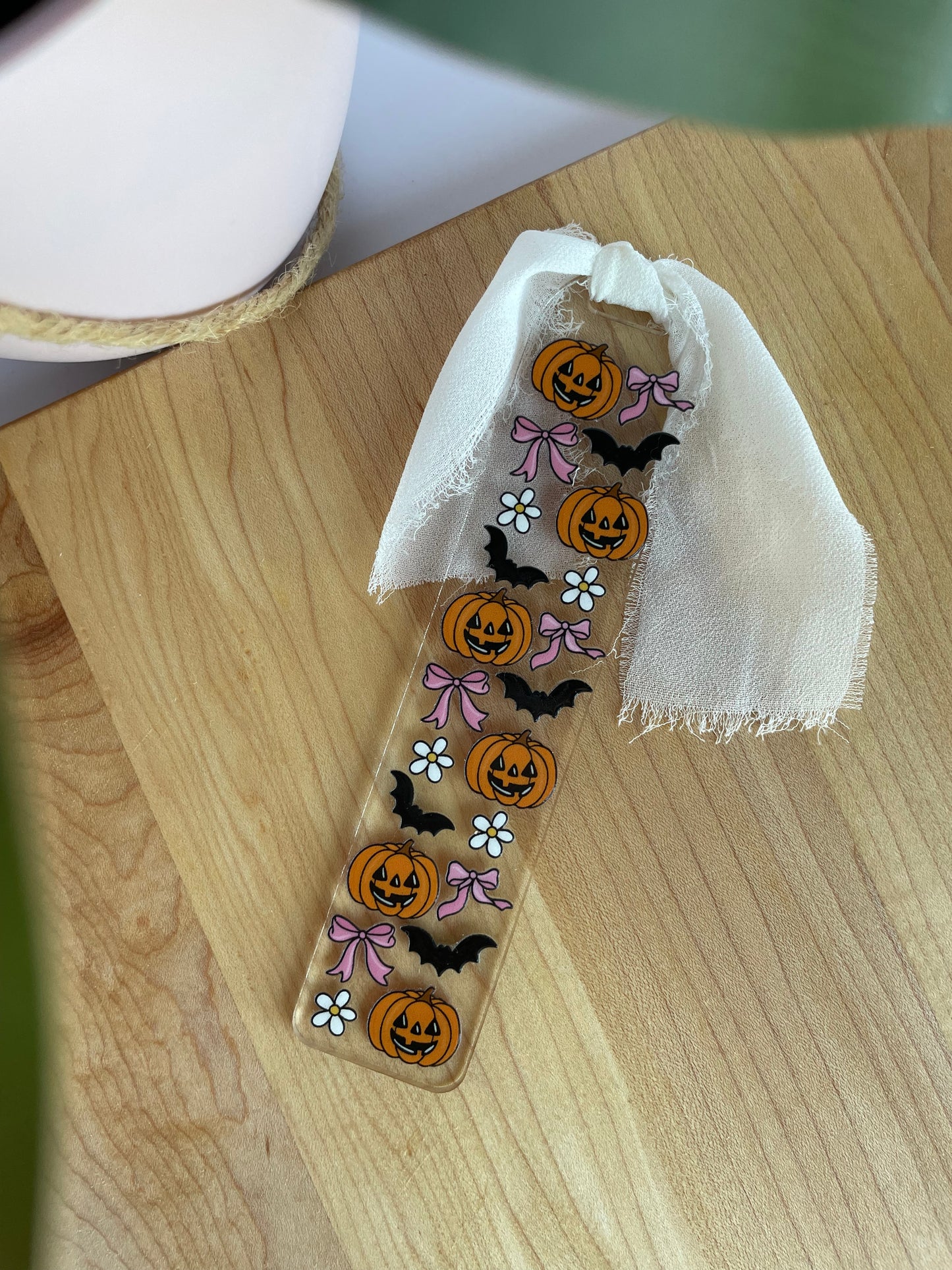 Pumpkins, Bows, and Bats Clear Acrylic bookmark with Chiffon Ribbon