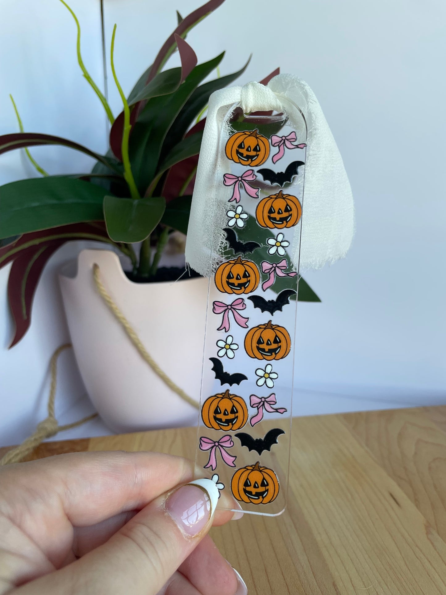 Pumpkins, Bows, and Bats Clear Acrylic bookmark with Chiffon Ribbon