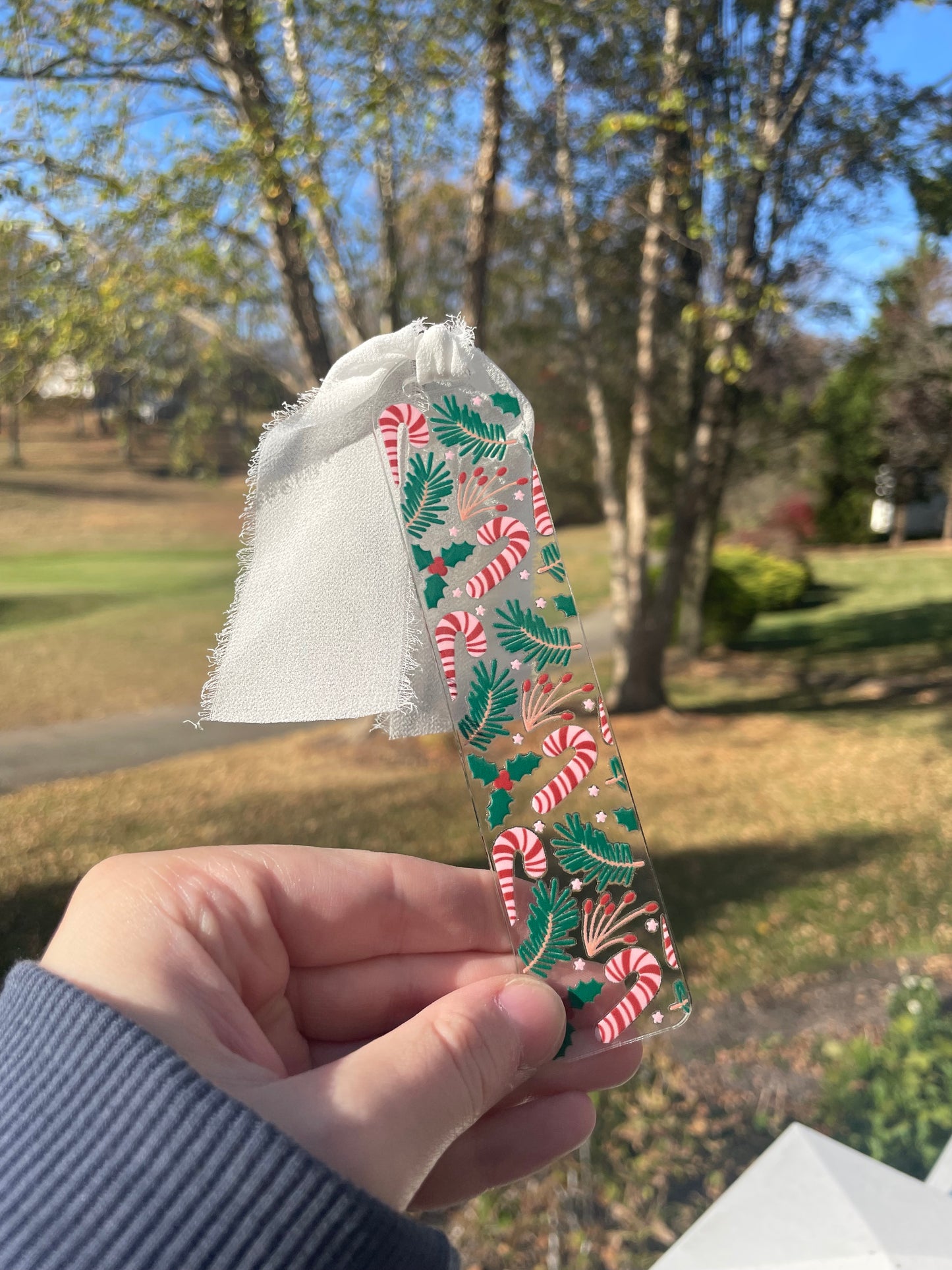 Candy Canes and Greenery Clear Acrylic Bookmark with Chiffon Ribbon