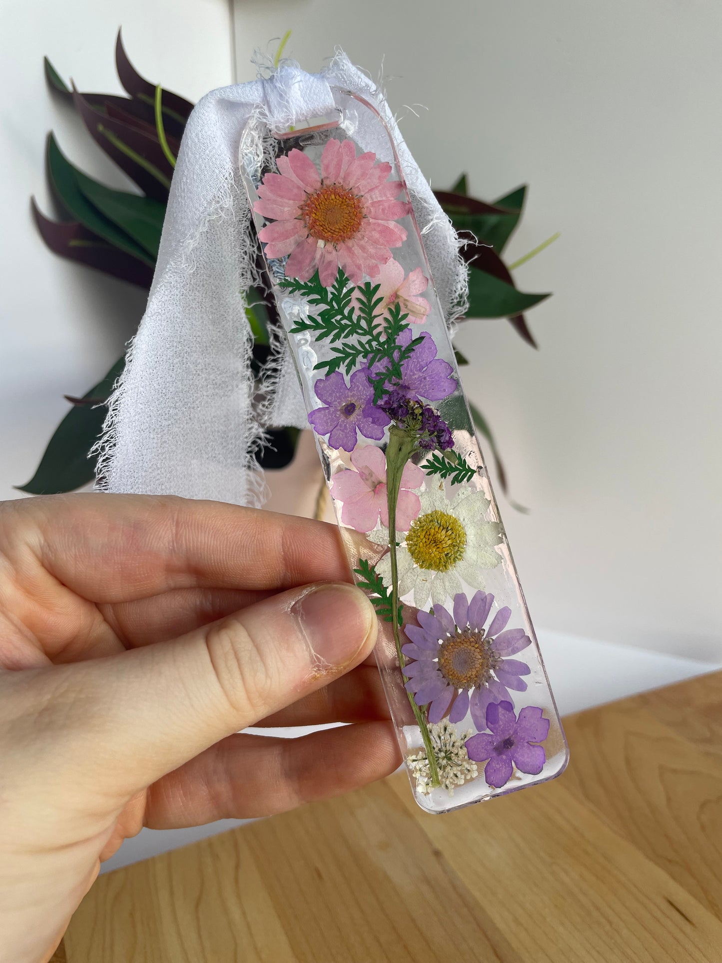 Pink and Purple Dried Flowers Clear Acrylic Bookmark with Chiffon Ribbon
