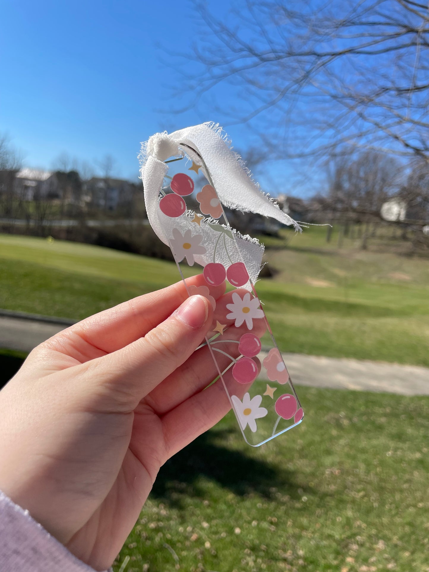 Cherries and Flowers Cute Clear Acrylic Bookmark with Chiffon Ribbon