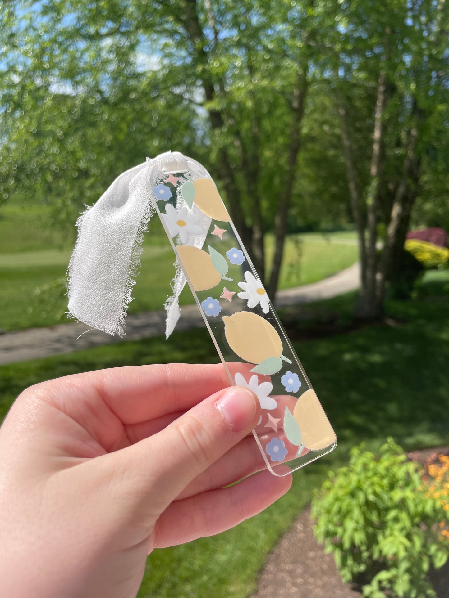 Lemons and Daises Pretty Clear Acrylic Bookmark with Chiffon Ribbon