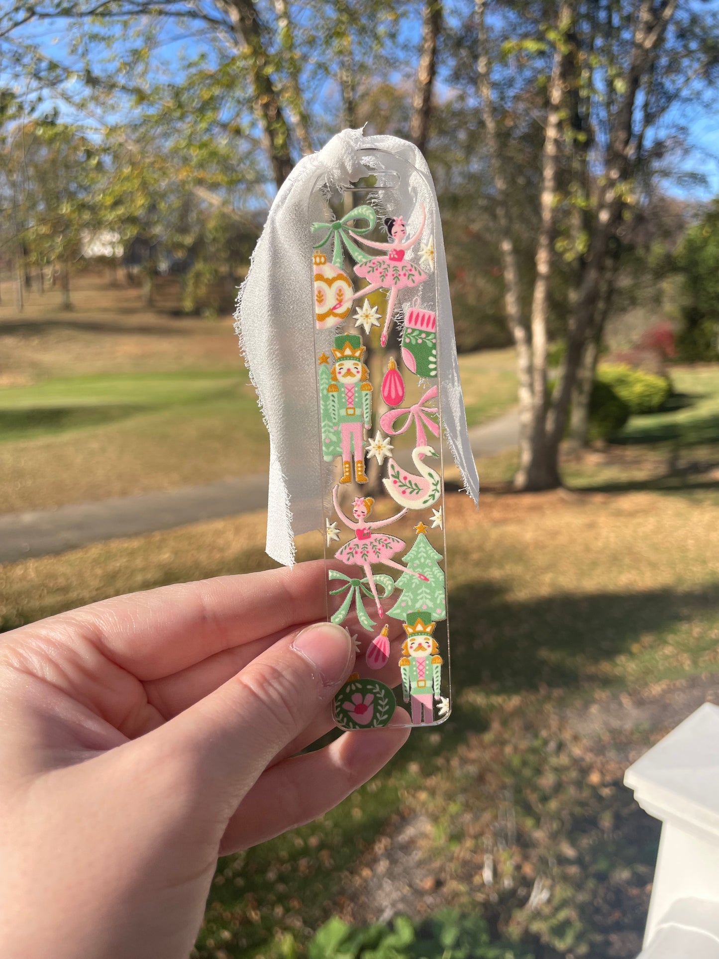 Beautiful Nutcrackers and Ornaments Clear Acrylic Bookmark with Chiffon Ribbon