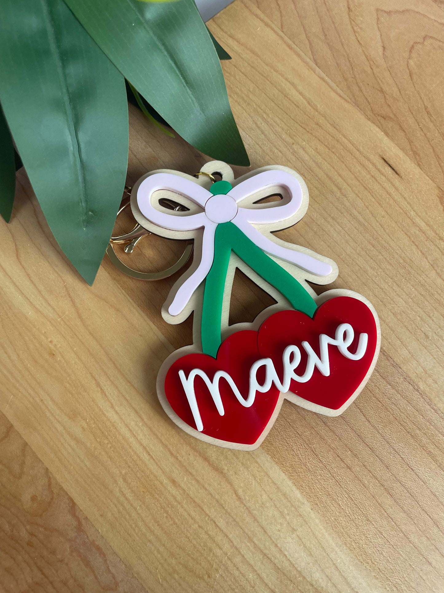 Cute Cherry and Bow Acrylic Keychain with Gold Features