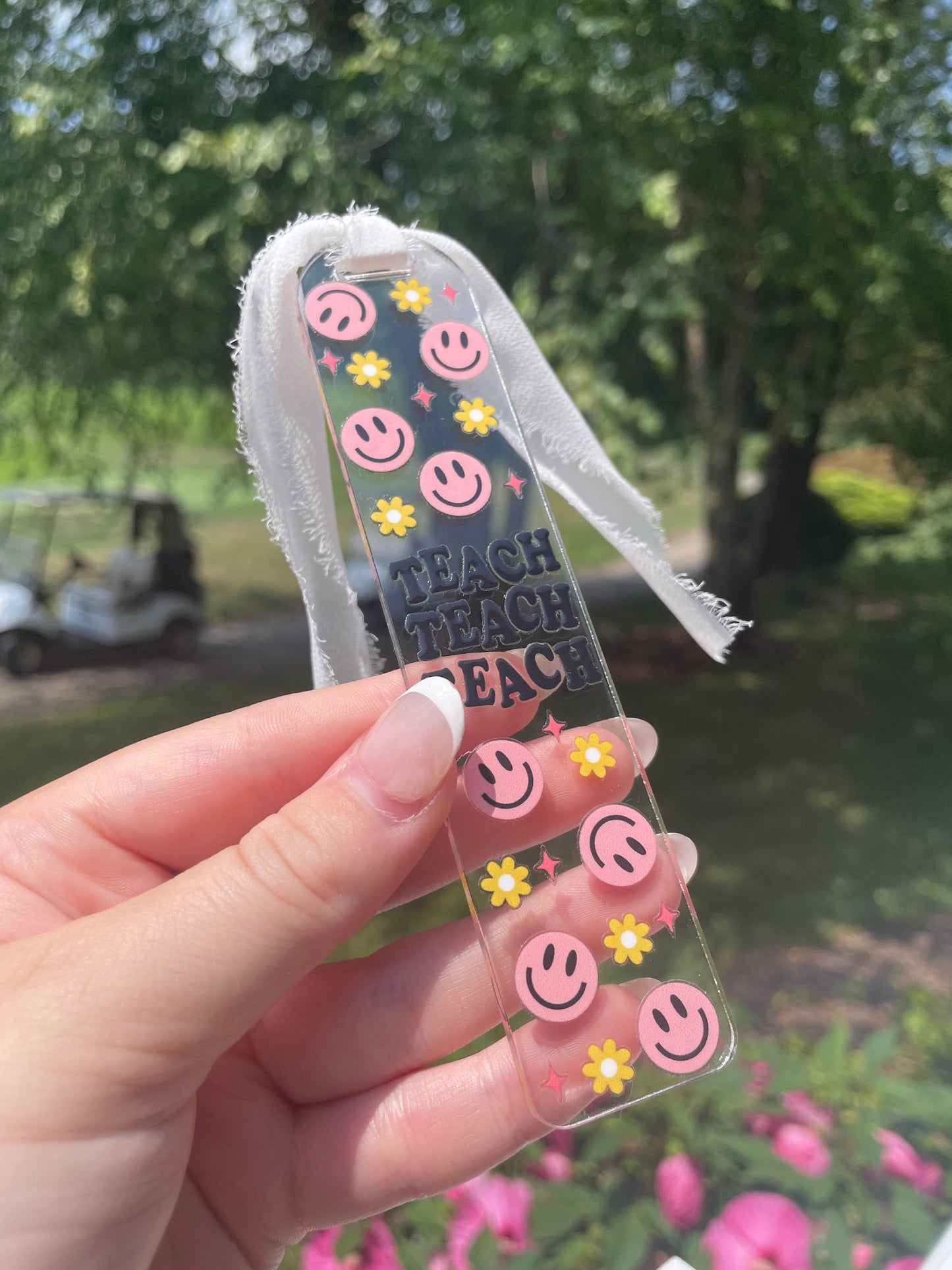 Teaching Smiley Face and Flowers Clear Acrylic Bookmark with Chiffon Ribbon
