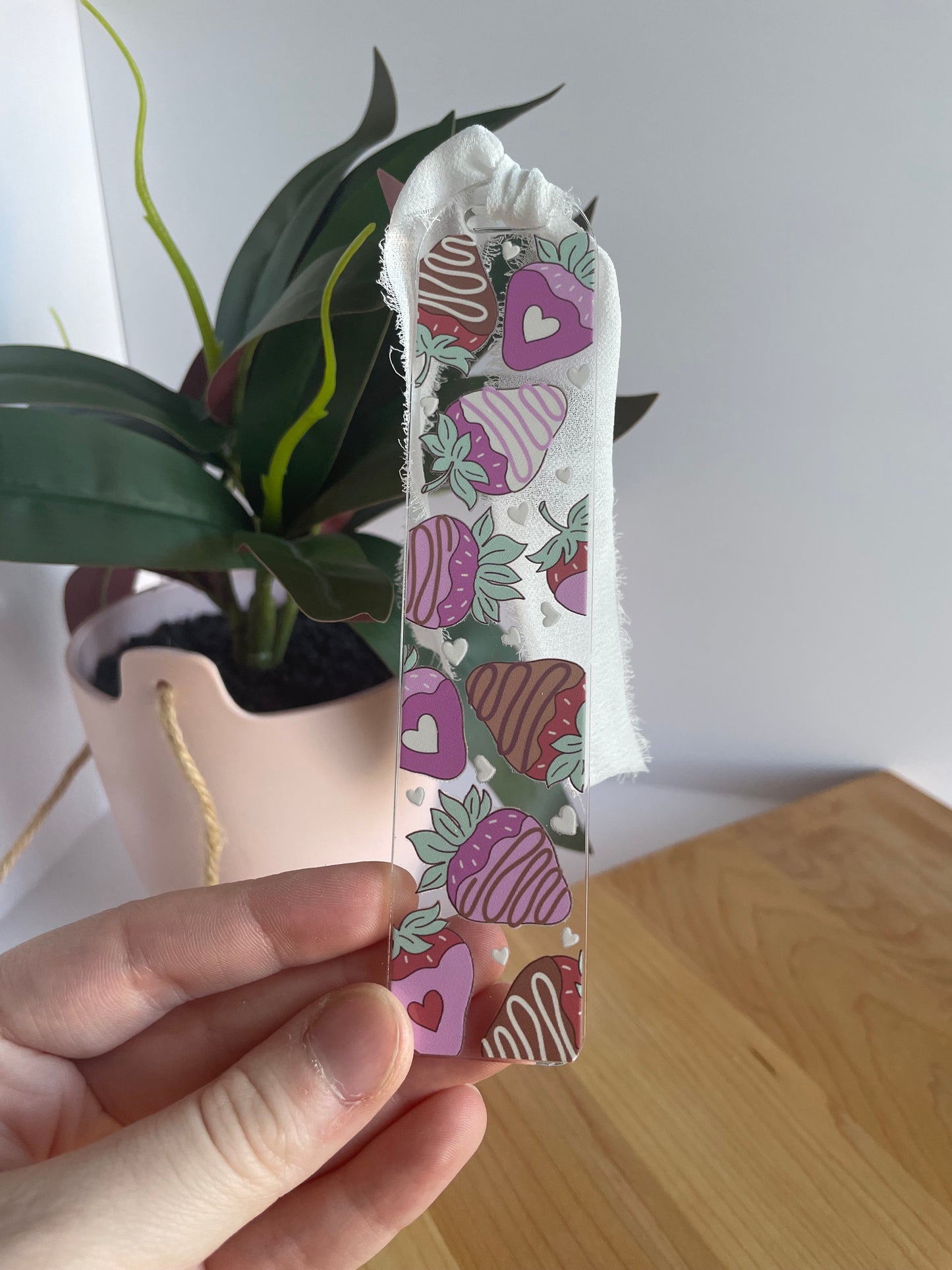 Chocolate Covered Strawberries Clear Acrylic Bookmark with Chiffon Ribbon