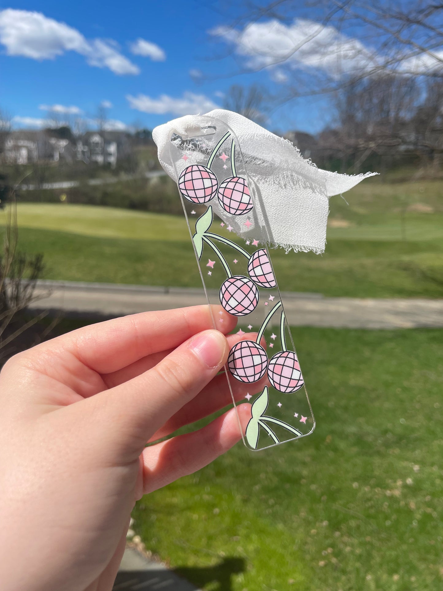 Disco Ball Cherries Clear Acrylic Bookmark with Chiffon Ribbon