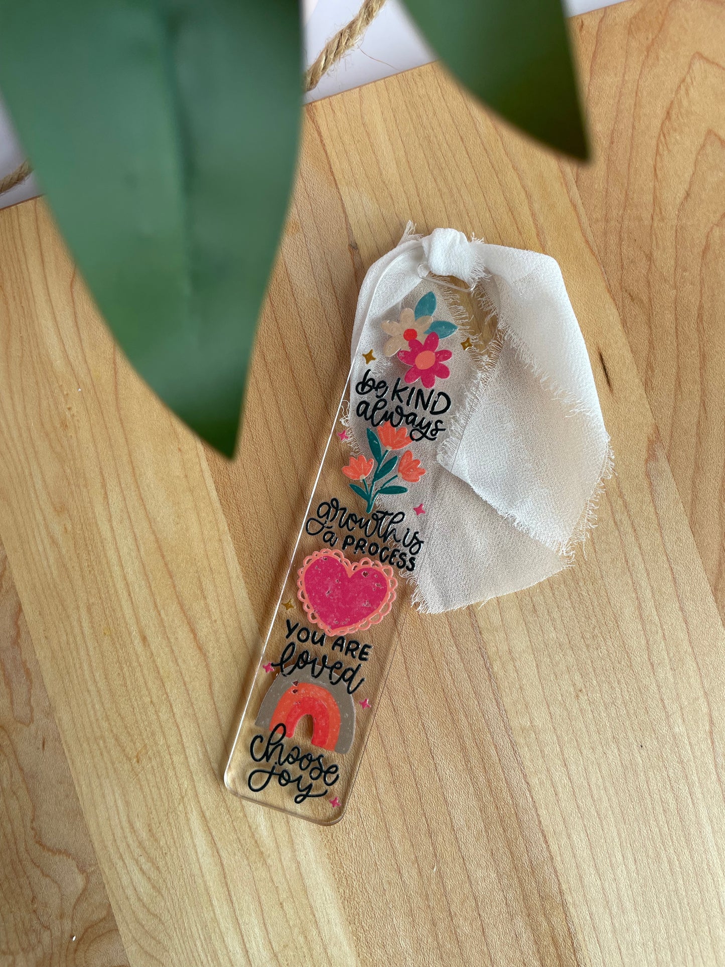 Positive Affirmations Clear Acrylic Bookmark with Chiffon Ribbon