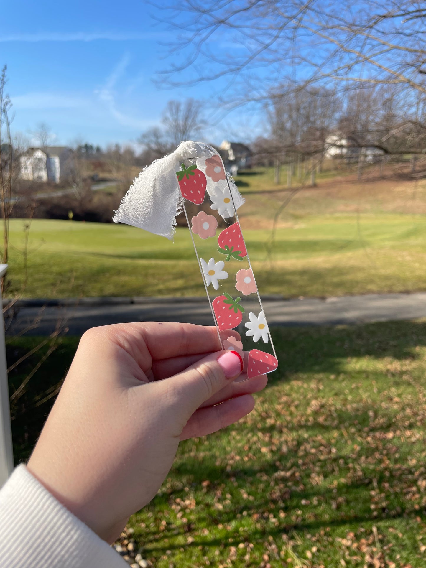 Strawberries and Daises Clear Acrylic Bookmark with Chiffon Ribbon