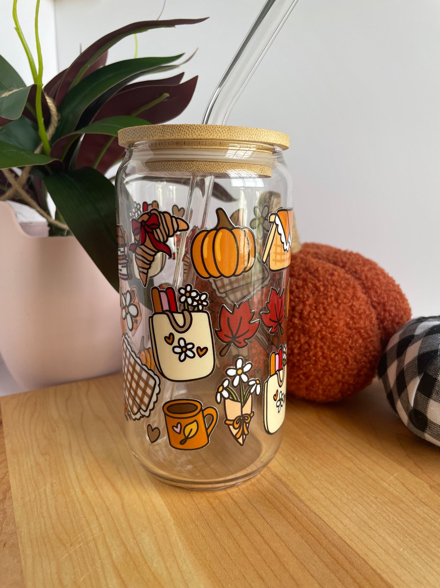 Fall Picnic Glass Cup with Bamboo Lid and Glass Straw