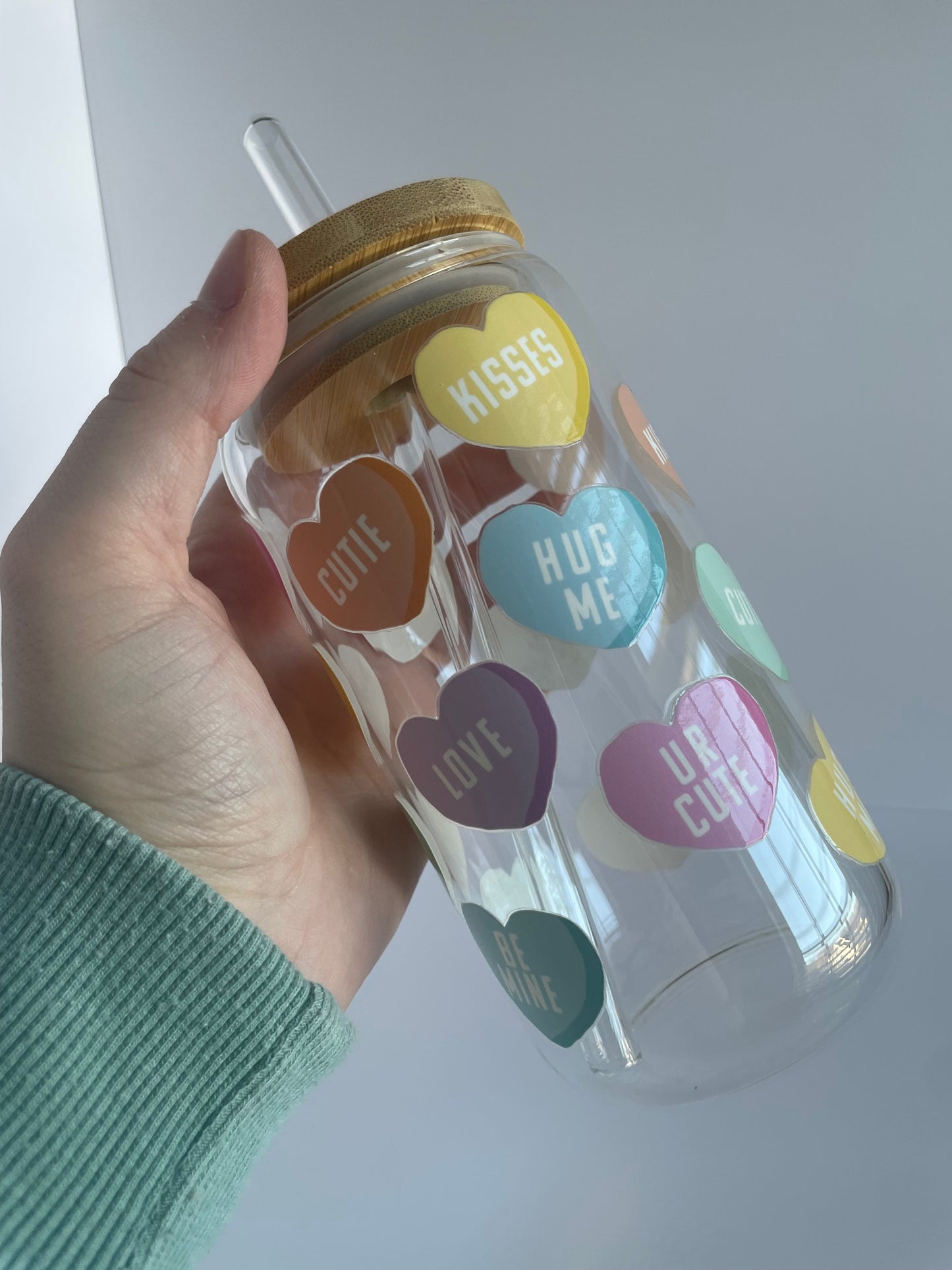 Conversation Hearts Glass Cup with Bamboo Lid and Glass Straw