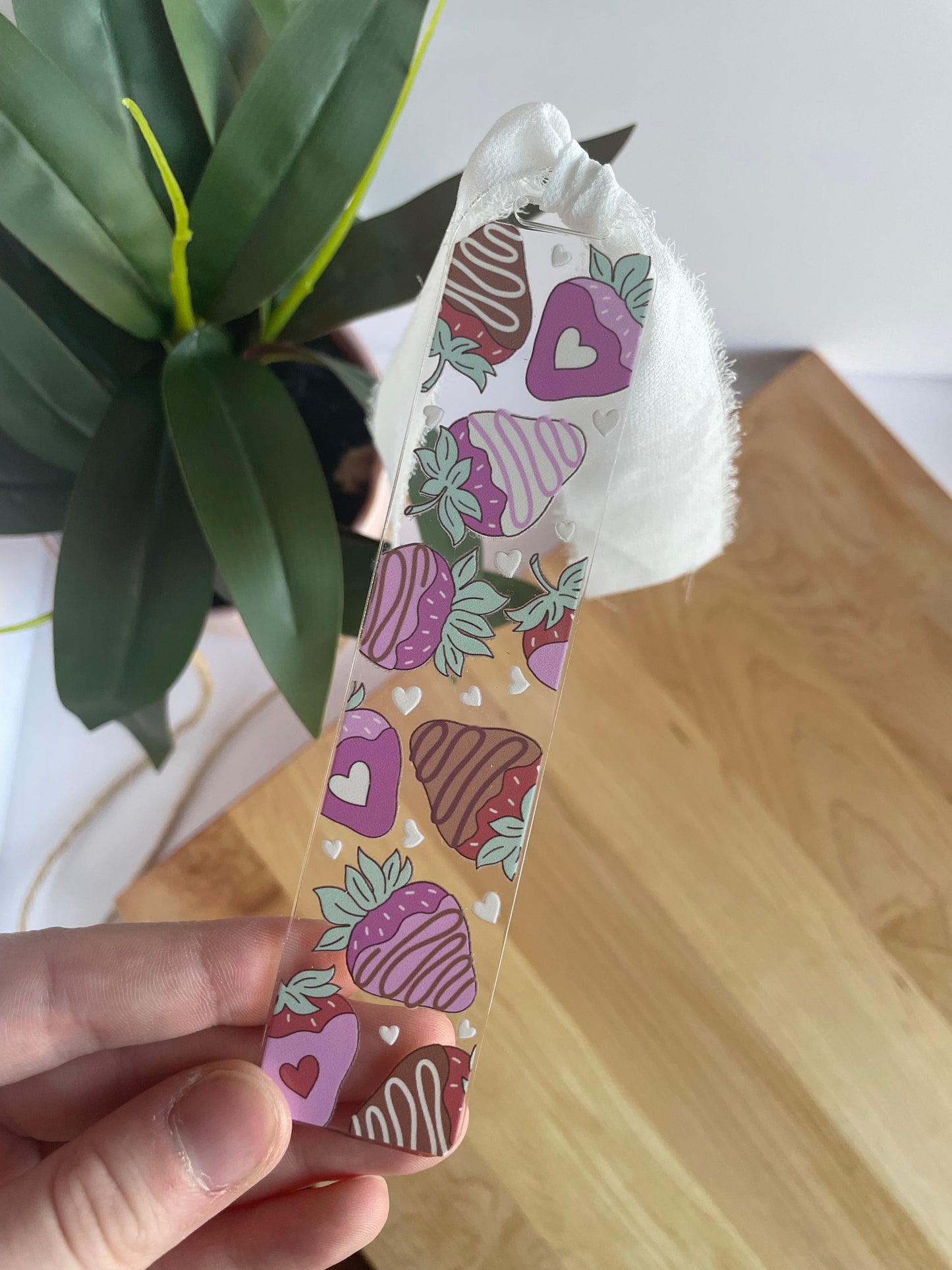Chocolate Covered Strawberries Clear Acrylic Bookmark with Chiffon Ribbon