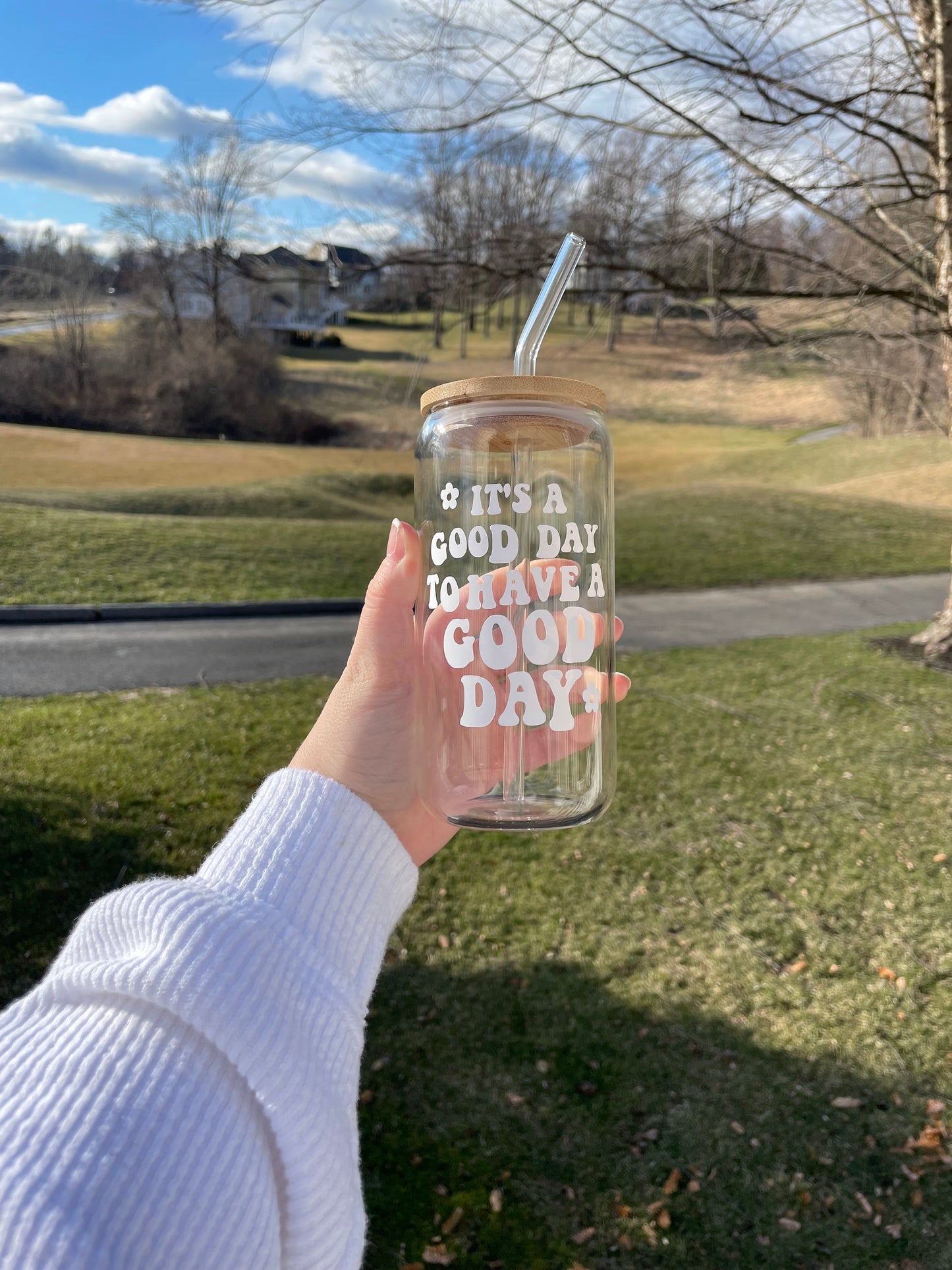 It’s A Good Day To Have A Good Day Glass Cup with Bamboo Lid and Glass Straw