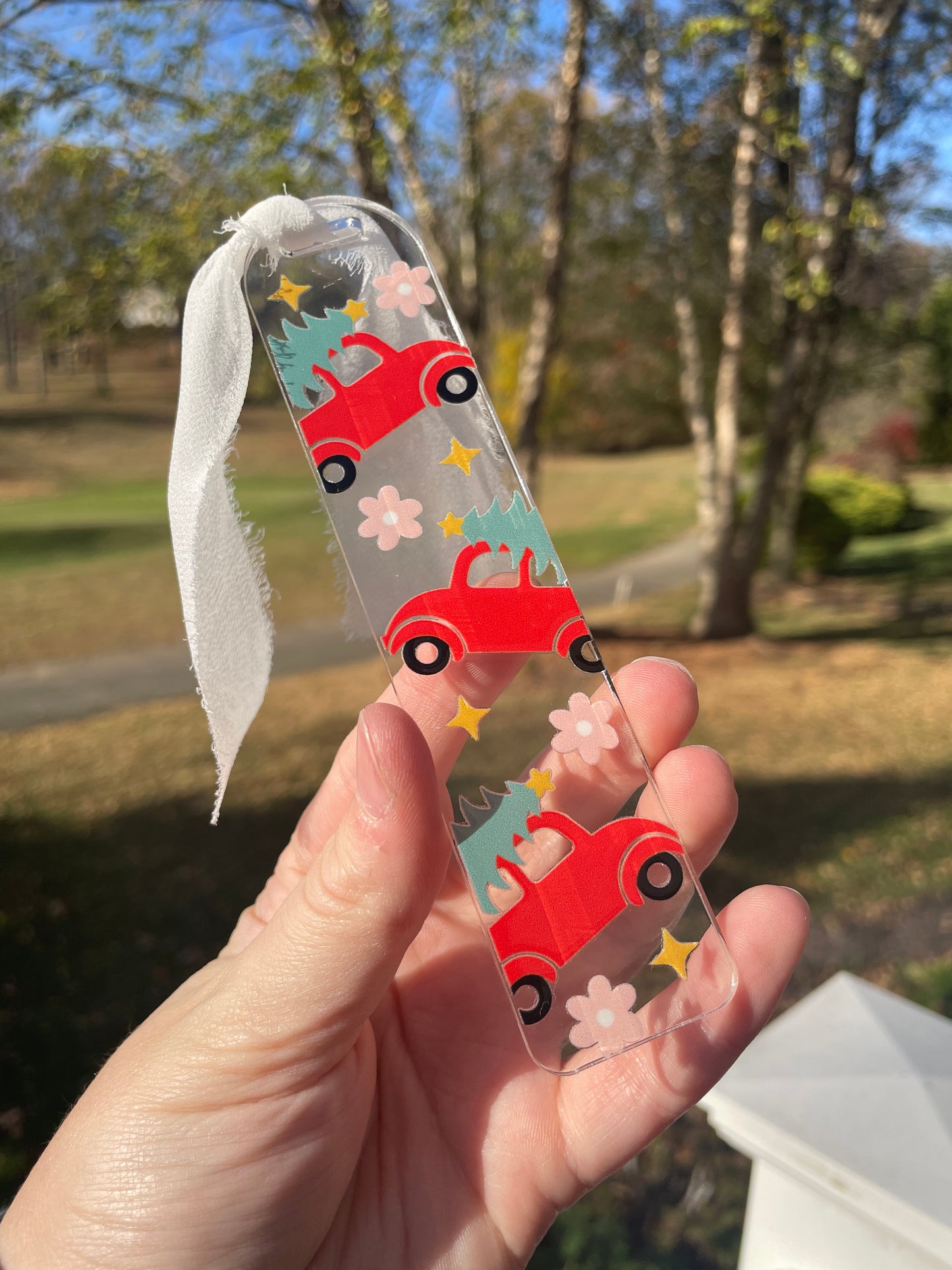 Red Christmas Truck Clear Acrylic Bookmark with Chiffon Ribbon