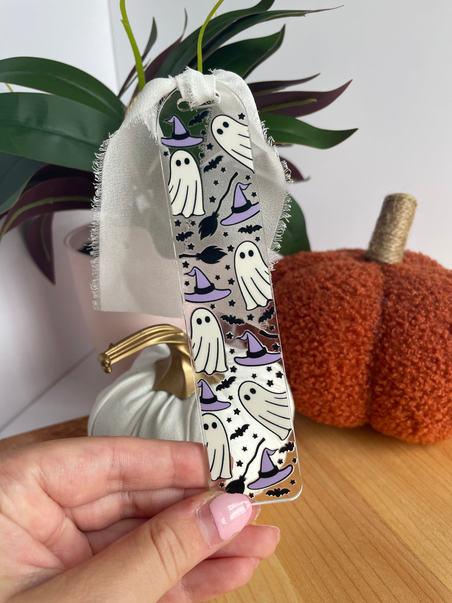 Ghosts and Witch Hats Clear Acrylic Bookmark with Chiffon Ribbon
