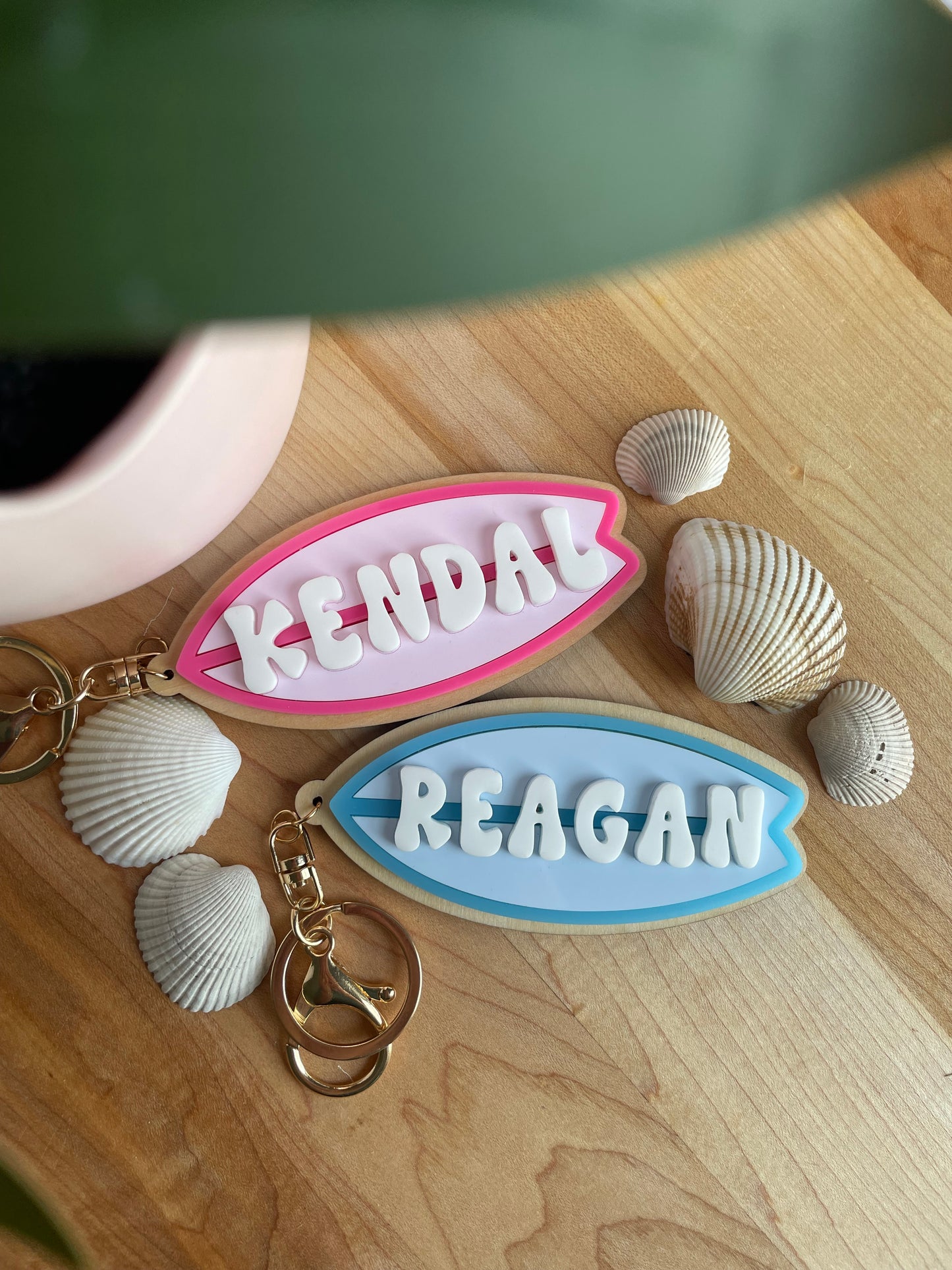 Custom Colorful Surfboard Keychain with Gold Features