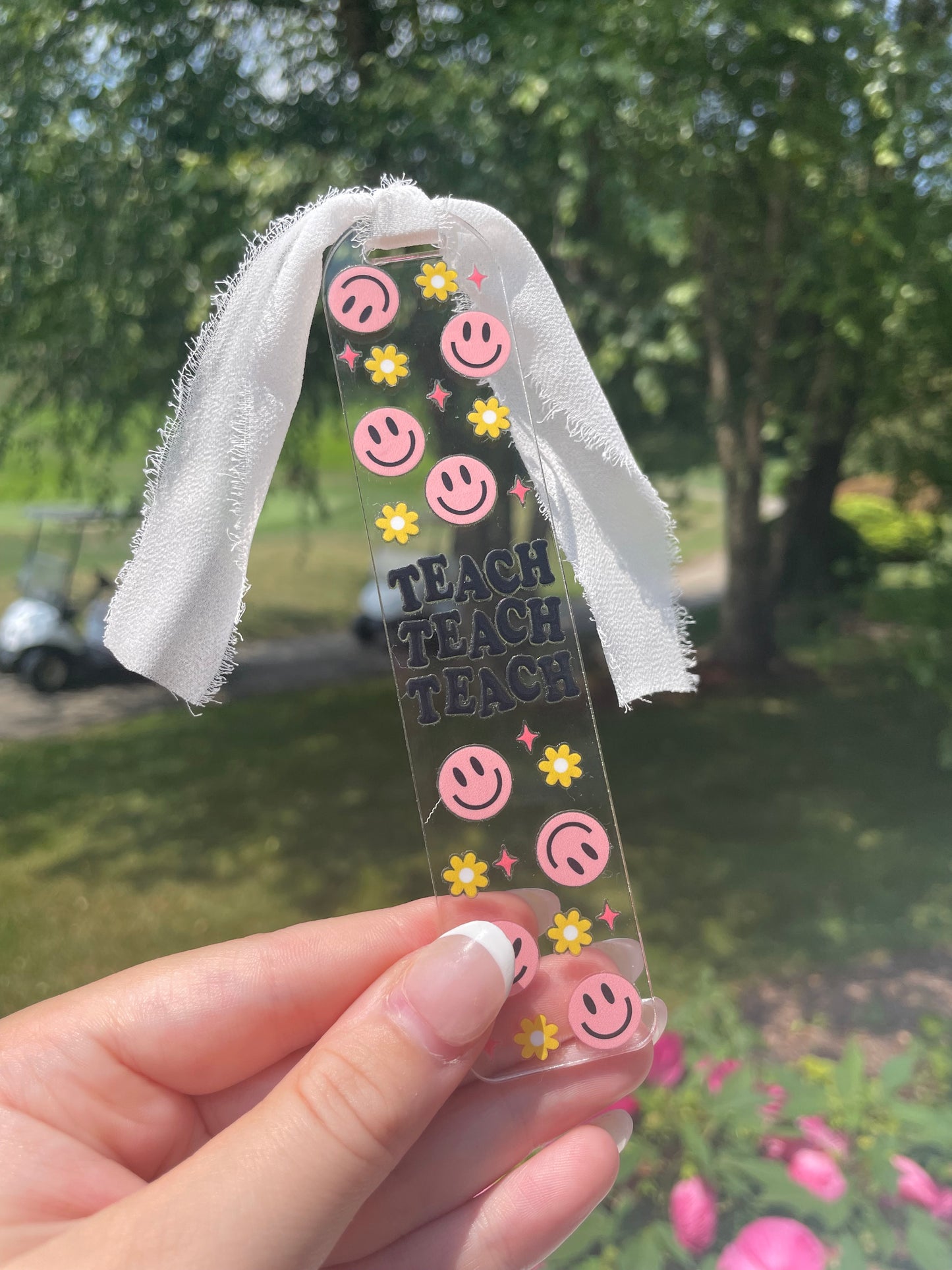 Teaching Smiley Face and Flowers Clear Acrylic Bookmark with Chiffon Ribbon