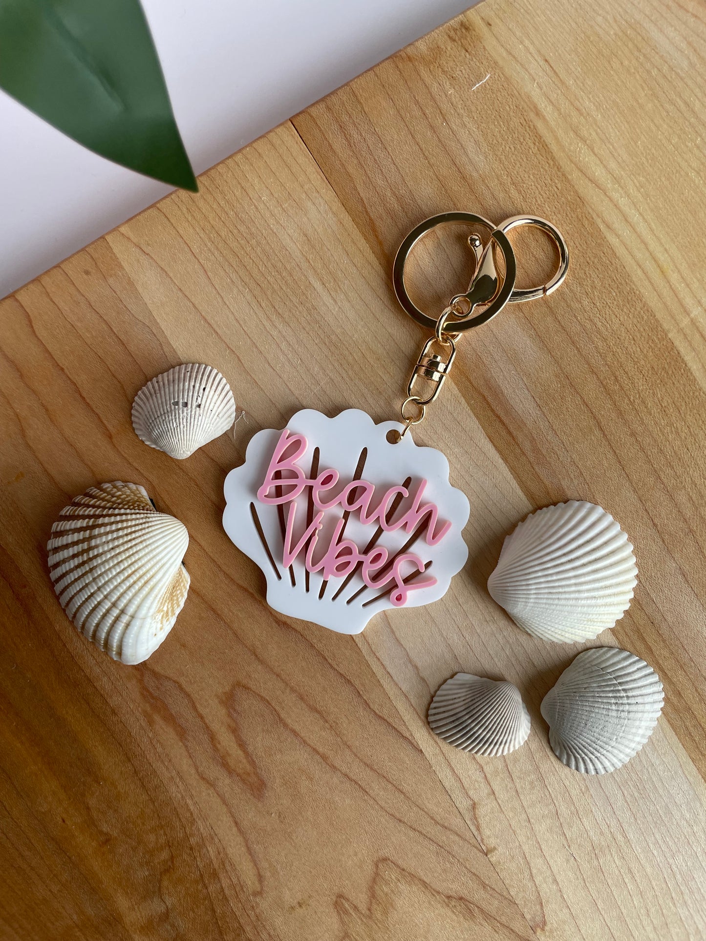 Beach Vibes Seashell Acrylic Keychain with Gold Features