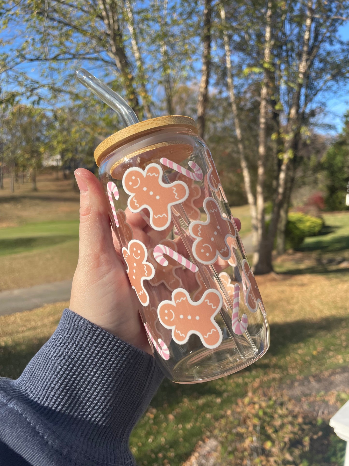 Gingerbread Cookies and Pink Candy Canes Glass Cup with Bamboo Lid and Glass Straw
