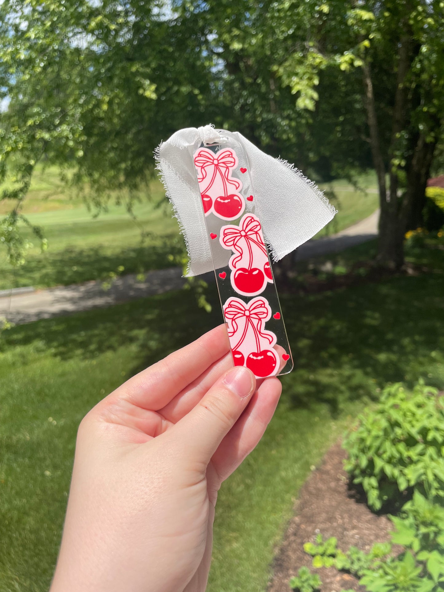 Coquette Cherries and Bows Clear Acrylic Bookmark with Chiffon Ribbon
