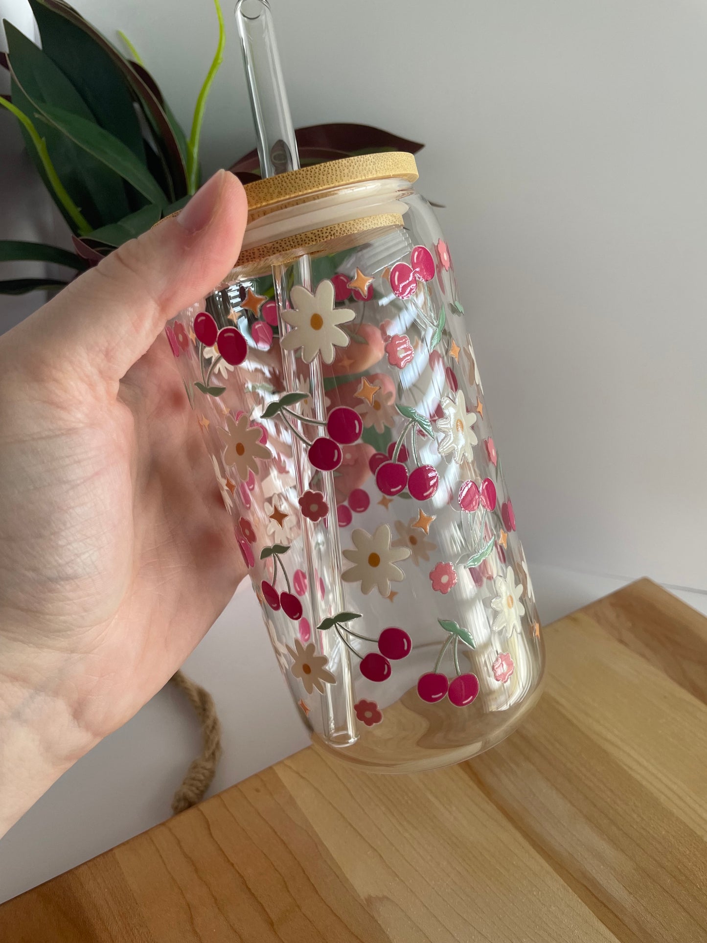 Pretty Cherries and Flowers Glass Cup with Bamboo Lid and Glass Straw