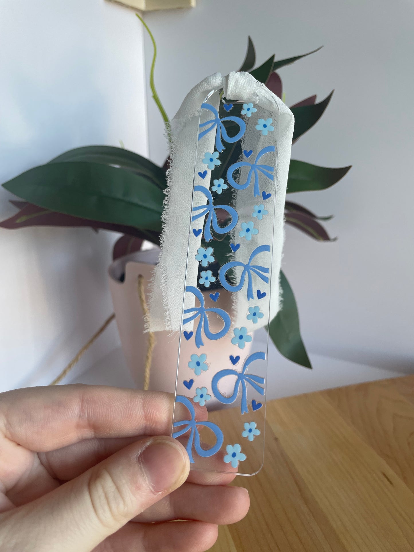 Pretty Blue Bows Clear Acrylic Bookmark with Chiffon Ribbon