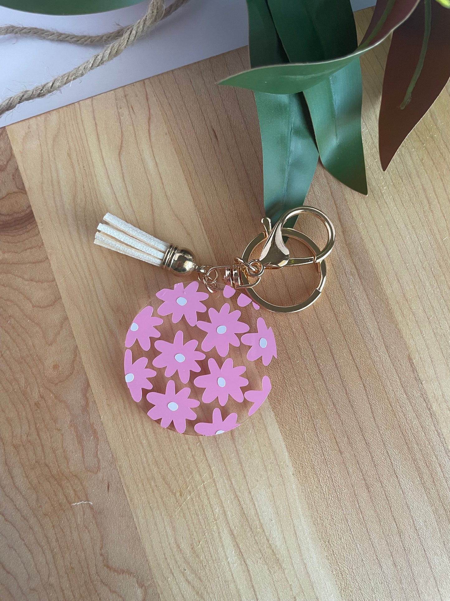 Pretty Pink Flowers Acrylic Keychain with a Cream Tassel and Gold Features