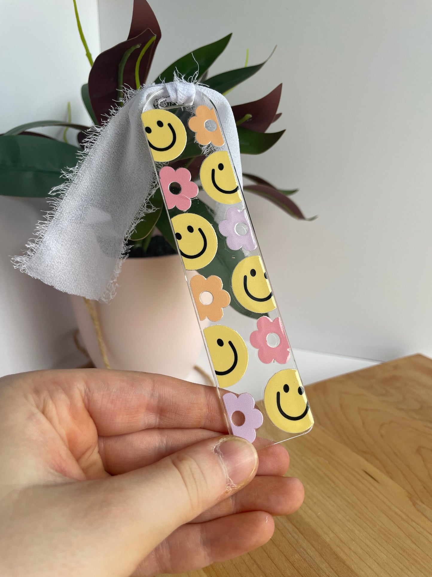 Groovy Smiley Faces Clear Acrylic Bookmark with Chiffon Ribbon