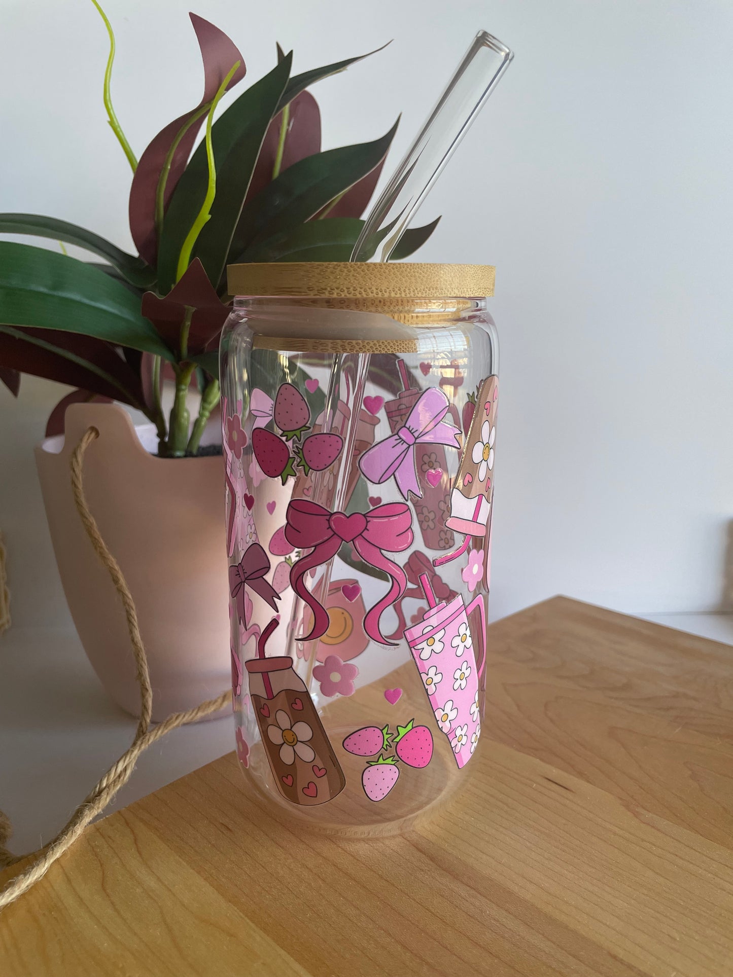 Pink Groovy Girly Glass Cup with Bamboo Lid and Glass Straw