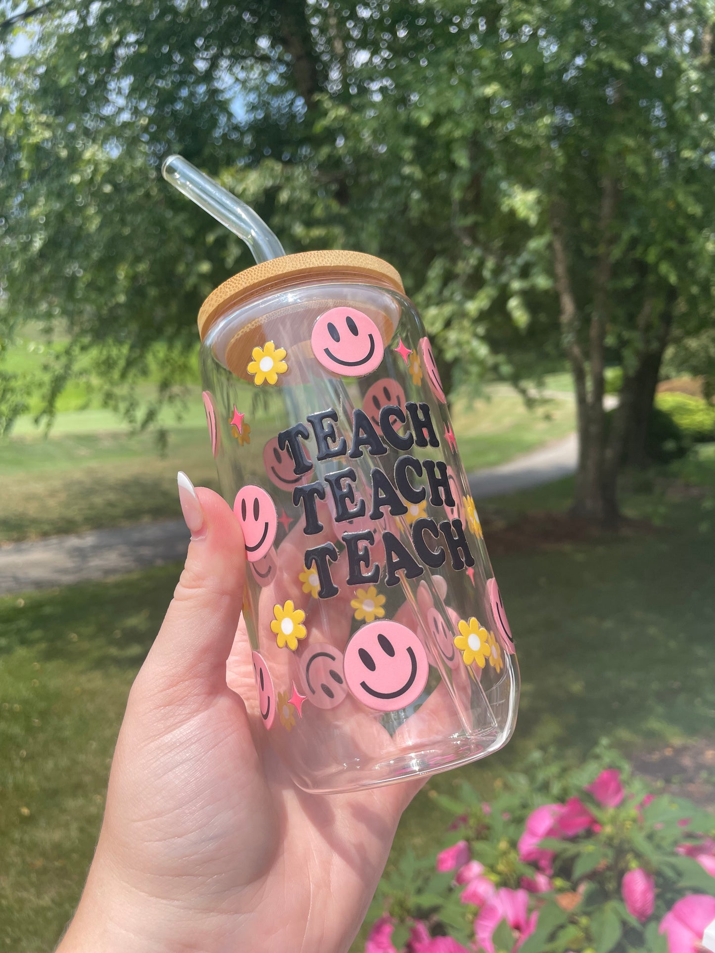 Happy Smiley Faces and Flowers Teaching Glass Cup with Bamboo Lid and Glass Straw