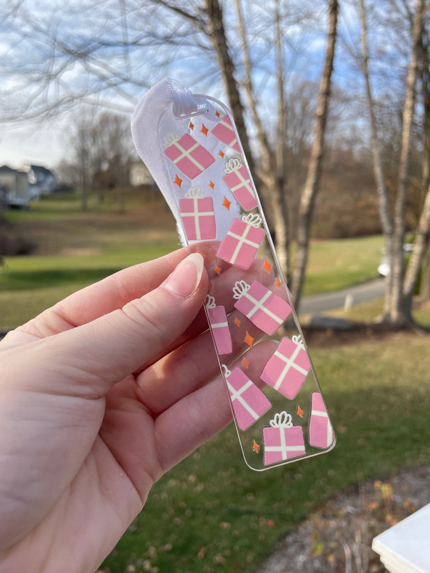 Pretty Pink Presents Holiday Clear Acrylic Bookmark with Chiffon Ribbon