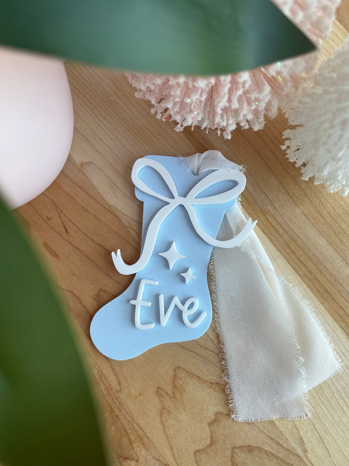 Holiday Stocking Custom Name Gift Tag with Chiffon Ribbon