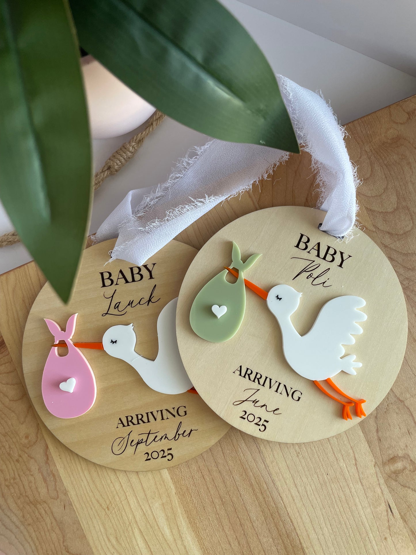 Arriving Baby Stork Wooden Gift Tag with Chiffon Ribbon