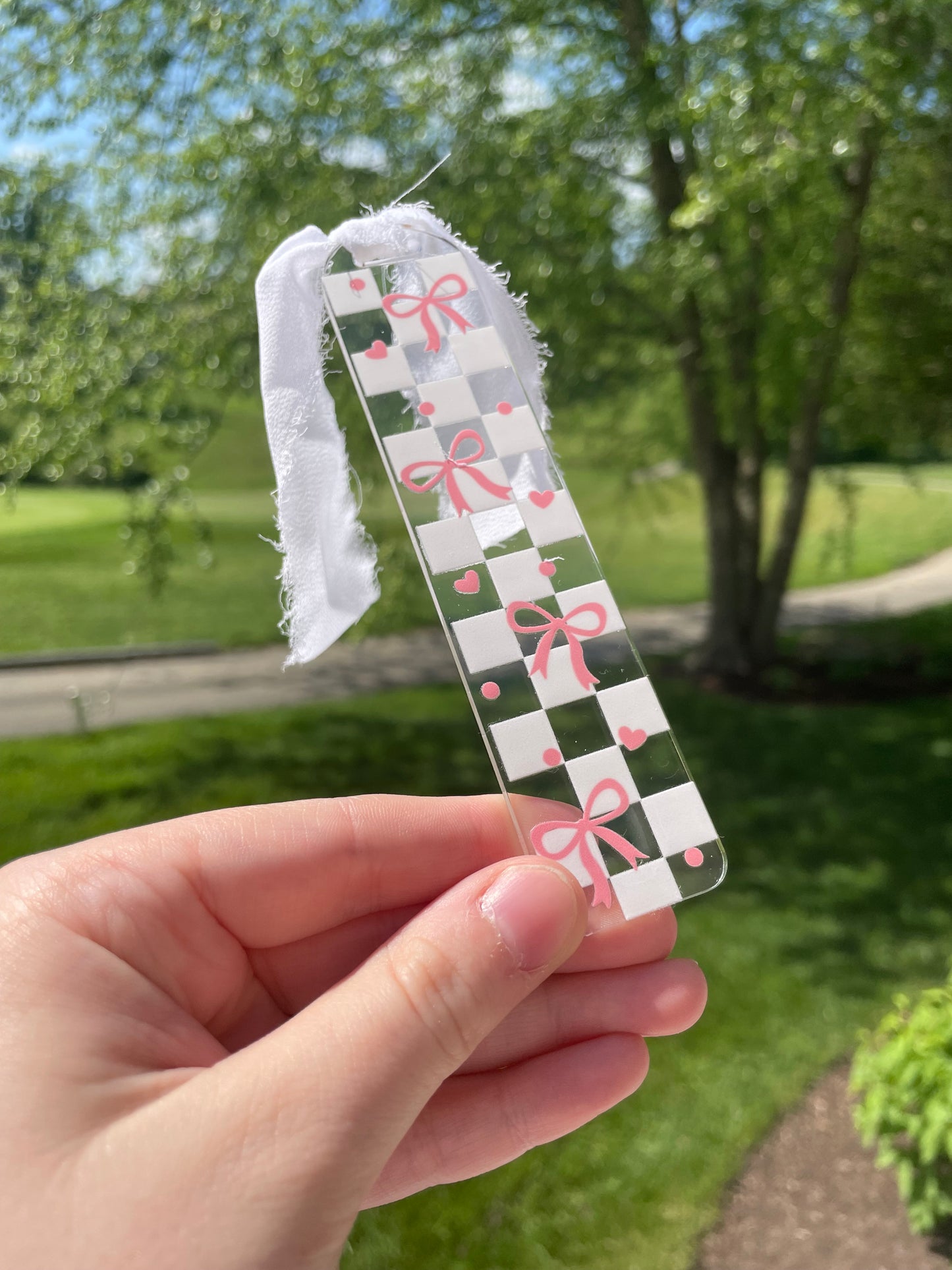 Light Pink Pretty Checkered Bows Girly Clear Acrylic Bookmark with Chiffon Ribbon