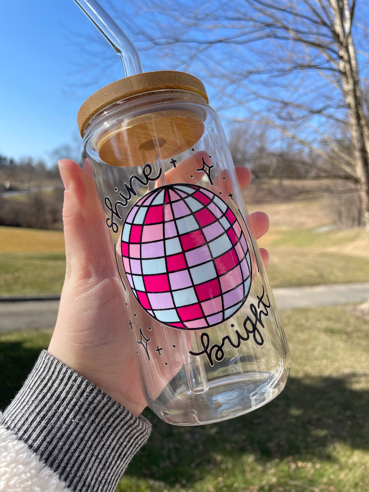 Shine Bright Disco Ball Glass Cup with Bamboo Lid and Glass Straw