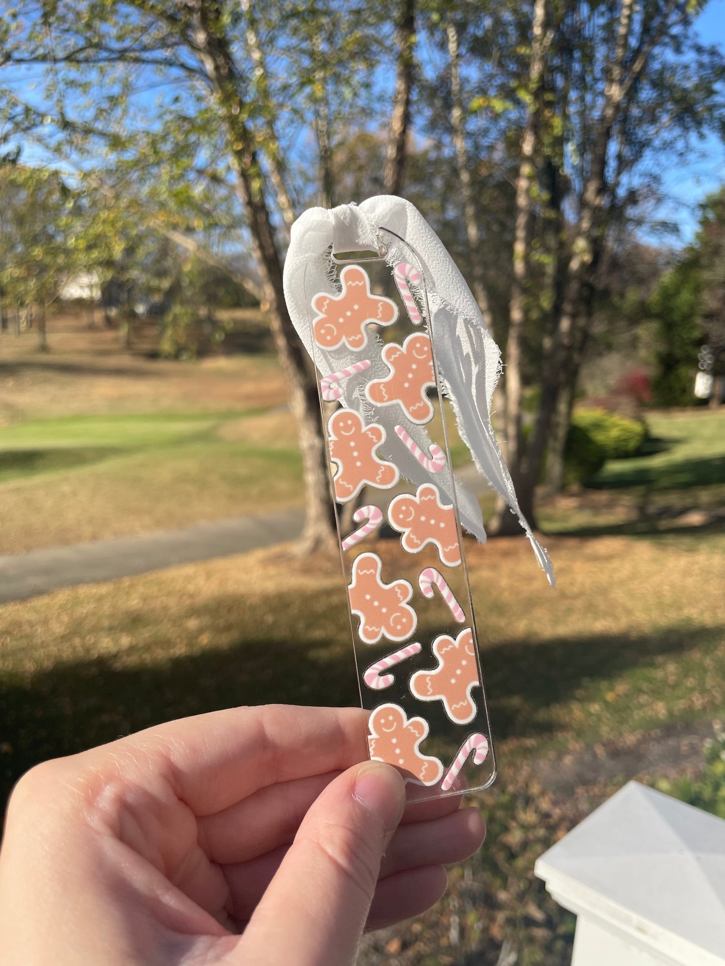 Gingerbread Cookies and Pink Candy Canes Clear Acrylic Bookmark with Chiffon Ribbon